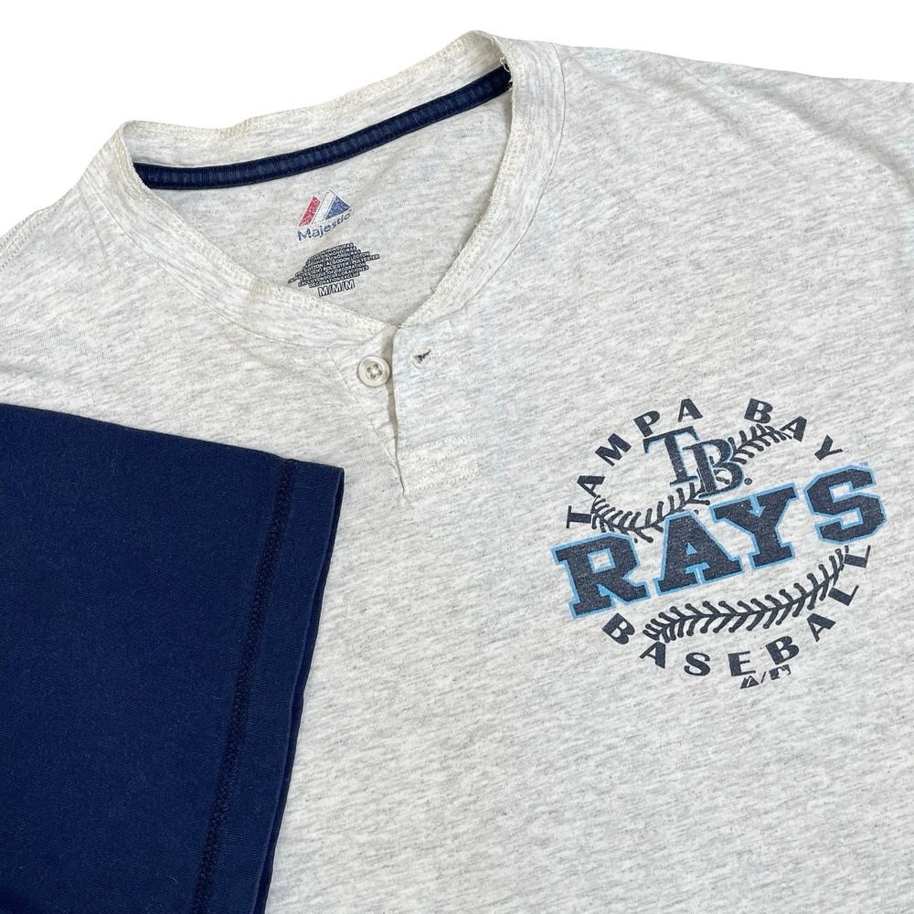 Vintage Majestic Tampa Bay Rays Henley Shirt Mens M Gray Blue MLB Baseball 90s
